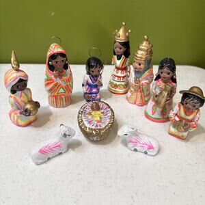VTG Mexican Hand Painted Folk Art Clay Nacimientos Nativity 10pc Bright SEE PICS